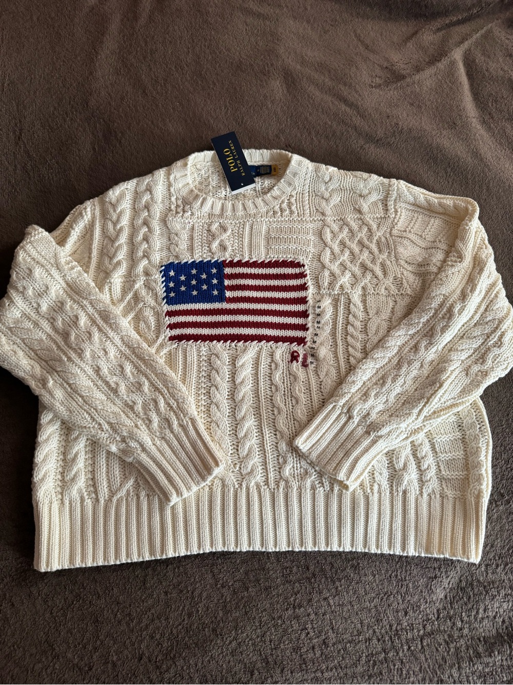 Ralph Lauren Cream Cable-Knit Crewneck Sweater with Flag Motif